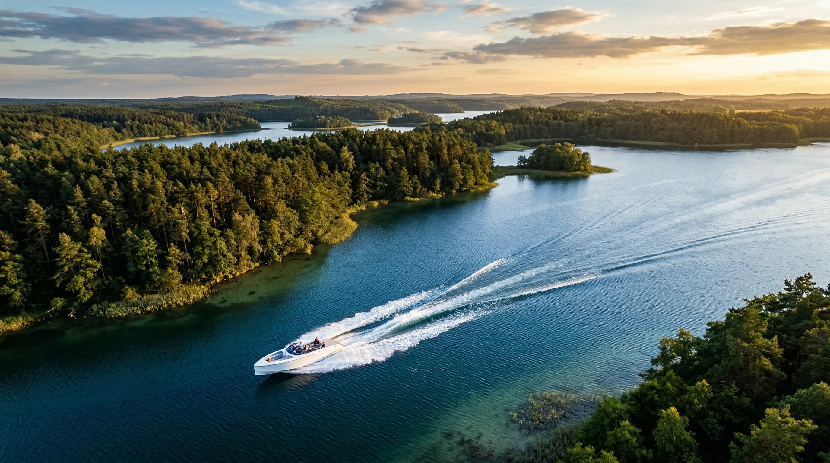 Łódź motorowa na jeziorze mazurskim o zachodzie słońca